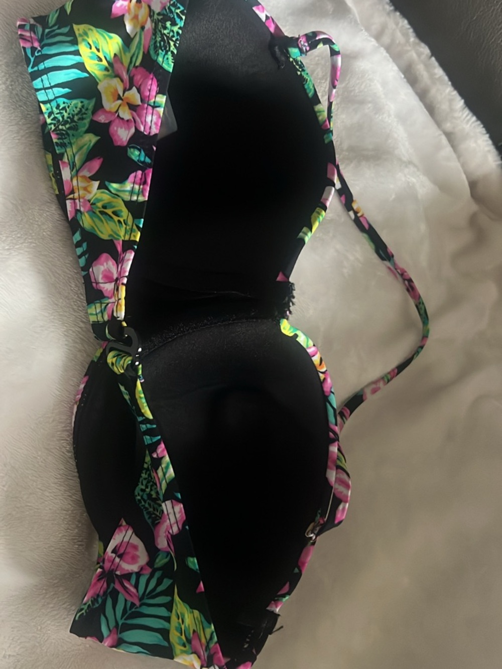 Tropical Floral Molded Cup Bikini Top - Black with Pink & Green - Picture 2 of 4